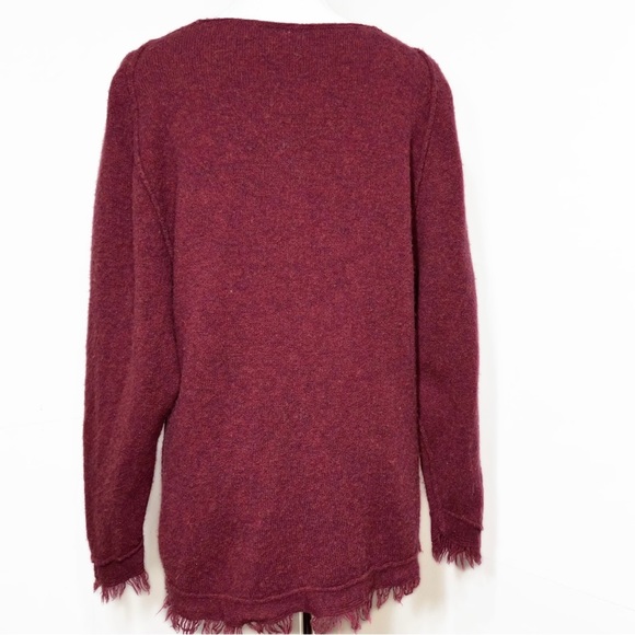 SOLD-Free People Fringe Hem Cranberry Raglan Crochet Knit Pullover Wool Sweater - Picture 3 of 9